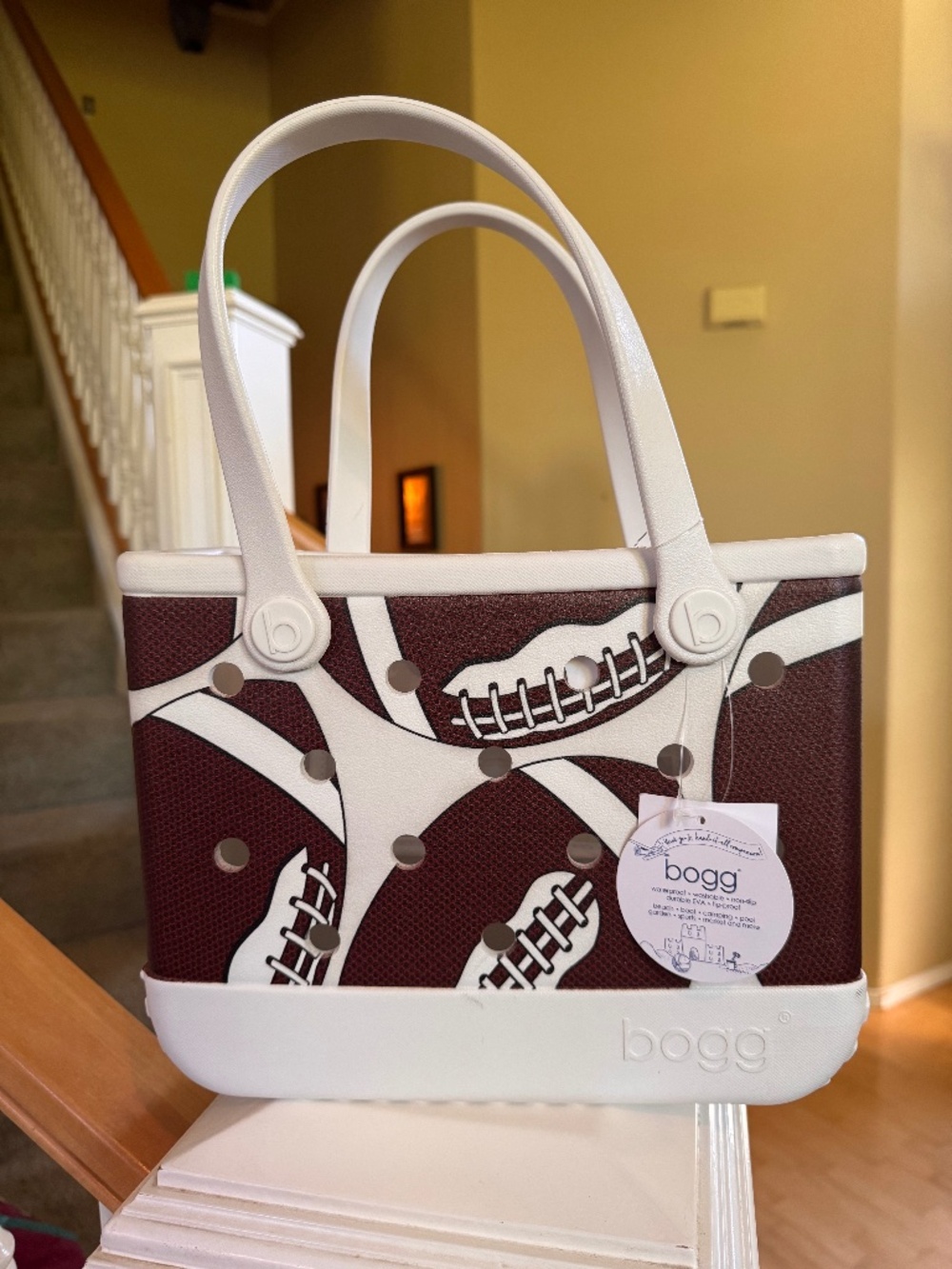 Bitty Bogg Bag Football Print White Brown Sports Tote NWT